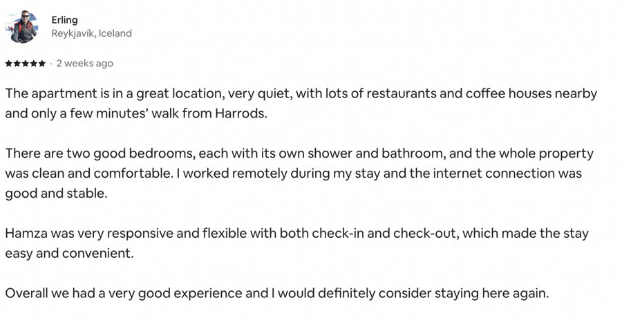 Airbnb 5-star review from Erling, Reykjavik