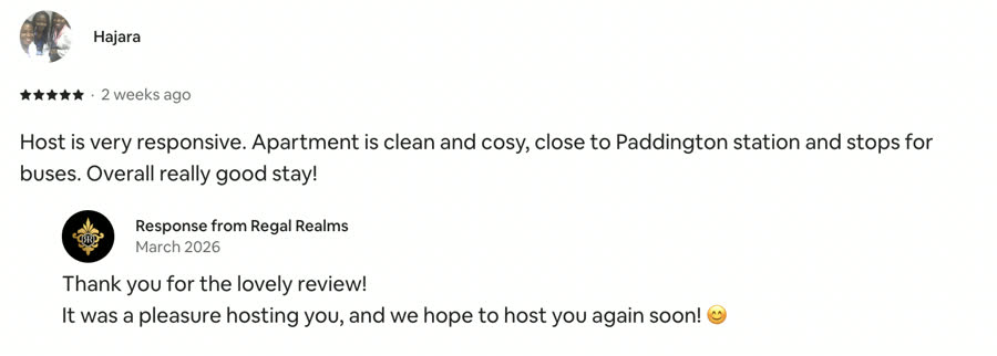 Airbnb 5-star review from Hajara, near Paddington