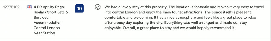 Booking.com 10/10 review for 4 BR central London apartment