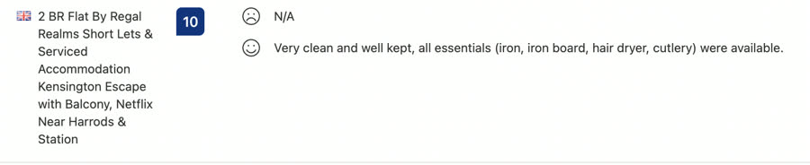 Booking.com 10/10 review for Kensington Escape apartment