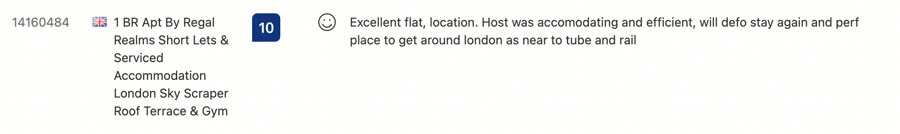 Booking.com 10/10 review for London Sky Scraper apartment